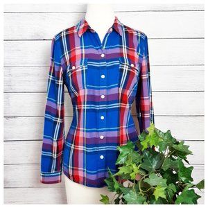 Old Navy Button Up Shirt Blue Plaid Fitted Long Sleeve Shirt w Breast Pockets